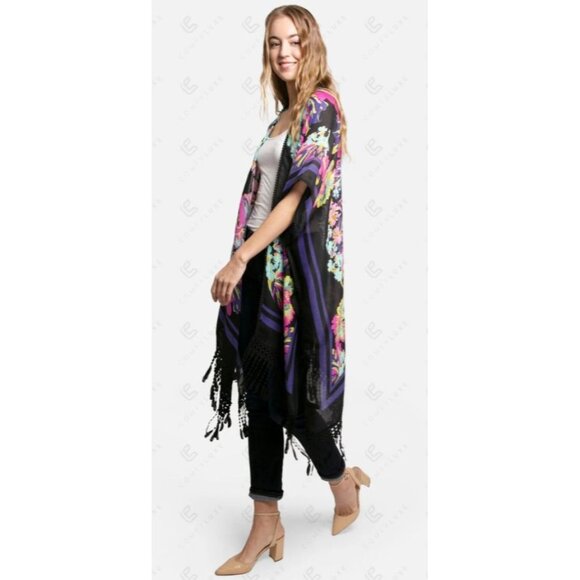 Comfyluxe Boho Whimsy Floral Crocheted Detailing Tassels Long Kimono Onesize NWT - Picture 7 of 15